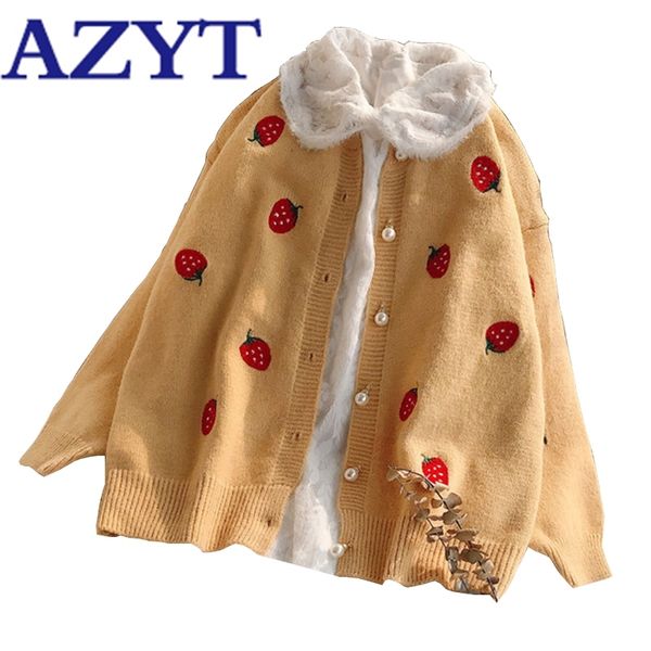 Azyt Осенние вязаные негабаритные кардиган женский куртка клубничный вышивка o шеи трикотажные свитер жемчужные кнопки Tops 201030