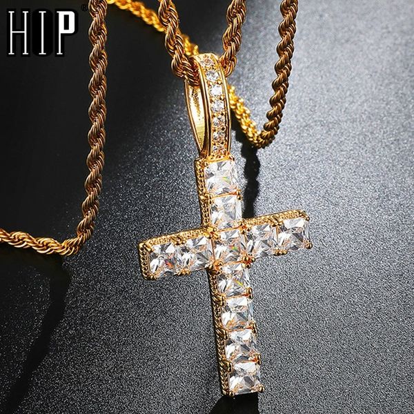 

hip hop baguette cross iced out bling cubic zircon aaa cz necklace & pendant for men jewelry with 4mm tennis chain 201014, Silver