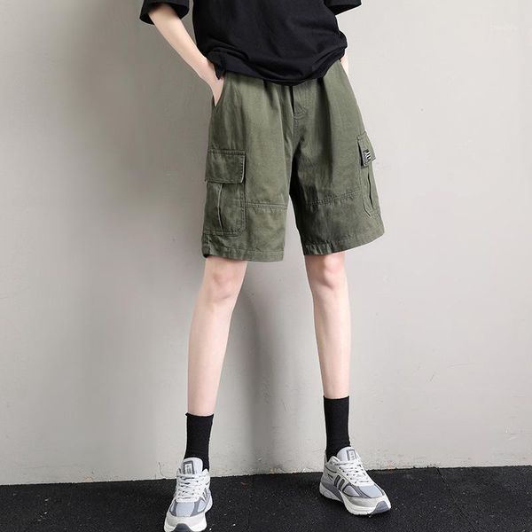 

women summer pocket elastic high waist solid color cargo shorts office lady khaki casual oversized loose straight shorts outwear1, White;black