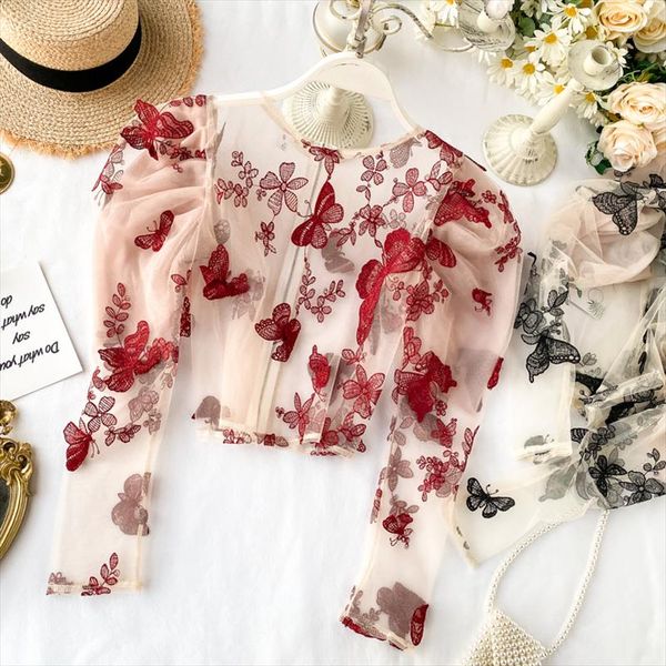 

women flower and butterfly embroidery 3d see through mesh blouse vintage elegant puff sleeve sheer with back zipper female, White