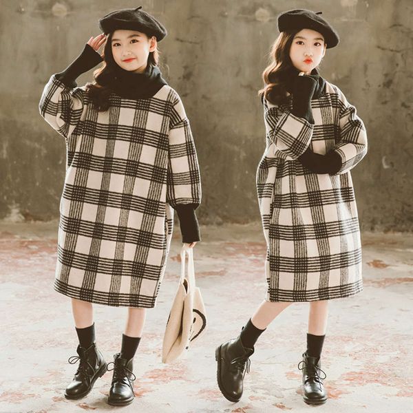 

girls' plush 2020 winter new korean tweed plaid hooded drs long high collar, Red;yellow