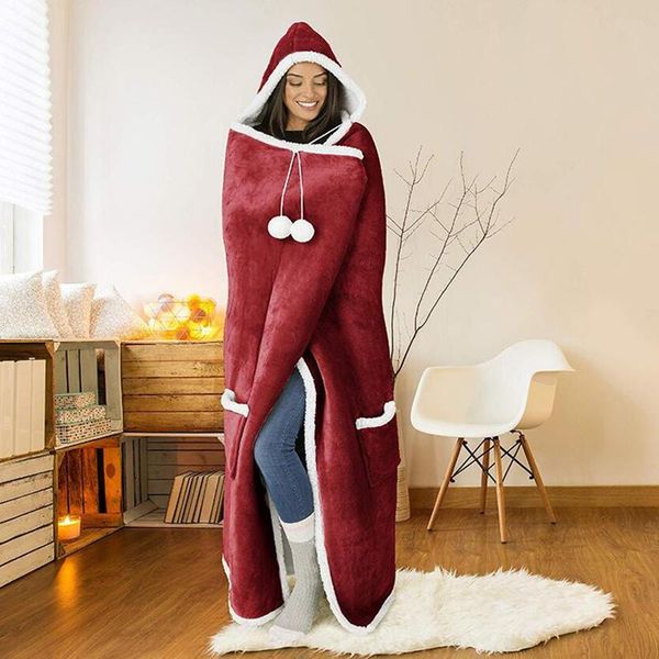 

pom-pom hooded throw blanket thicken and lengthen warm printed casual home blanket
