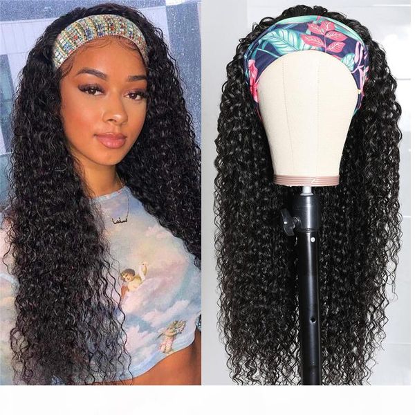 

100% human hair headband scarf wig water wave human hair wig no plucking wigs for women, Black;brown