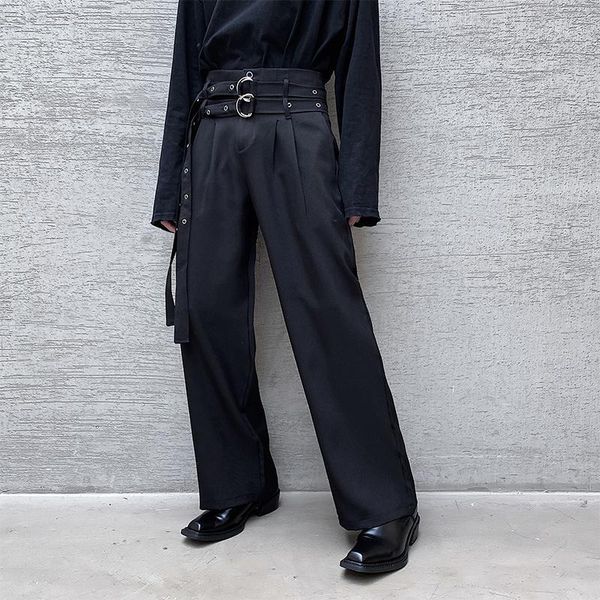 

men autumn new double belt loose straight wide-leg casual pants male harajuku streetwear vintage fashion trousers1, Black