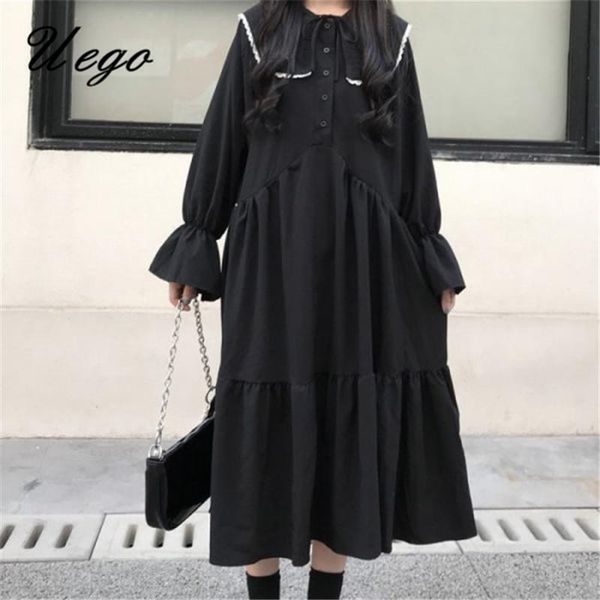 

japanese style kawaii sweet girl's chic dress sailor collar flare sleeve black princess dress women autumn spring party, Black;gray