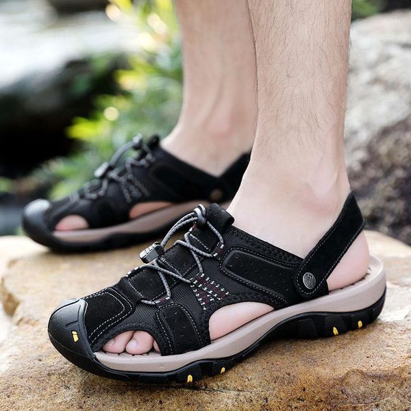 

men shoes genuine leather men sandals summer shoes beach fashion sneakers casual non slip footwear size 471, Black