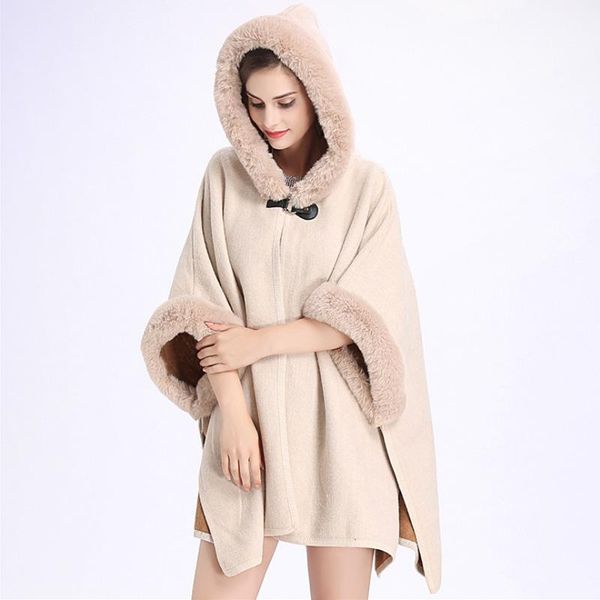 

fxfurs fashion elegent imitation rex fur cape coat hooded cashmere shawl long loose parka cloak women 2020 winter new, Black