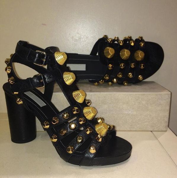 

fashion golden studs t-straps ladies chunky heel dress shoes open toe women ankle buckles sandals roma style high heels, Black