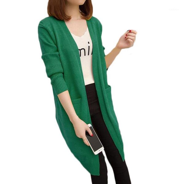 

2019 spring autumn sweater women long cardigan pockets loose knitted sweater female green yellow plus size sweaters coats1, White