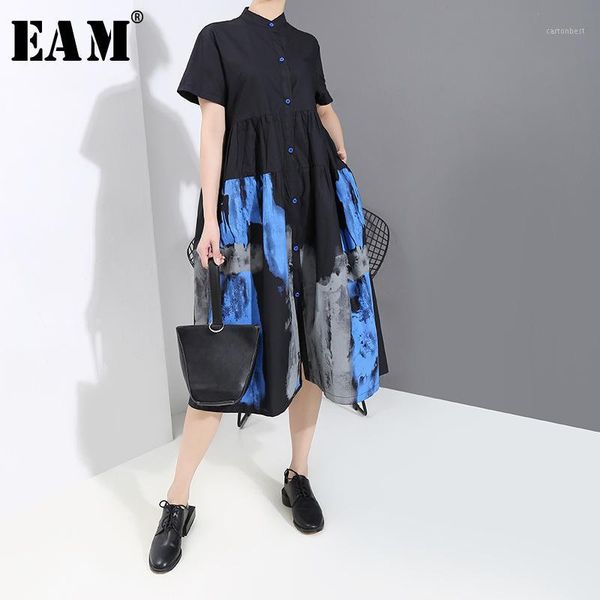 

casual dresses [eam] women black pattern printed shirt dress stand collar short sleeve loose fit fashion tide spring autumn 2021 1t4511, Black;gray