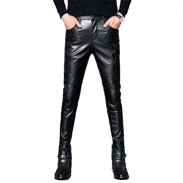 

men's pants 2021 men's autumn and winter slim elastic skinny leather youth stitching tight fashion pu pants1, Black