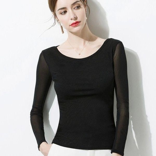 

women's t-shirt net shirt 2021 year round neck long sleeve large size fat mm slim screen bottom wear fashion trend, White