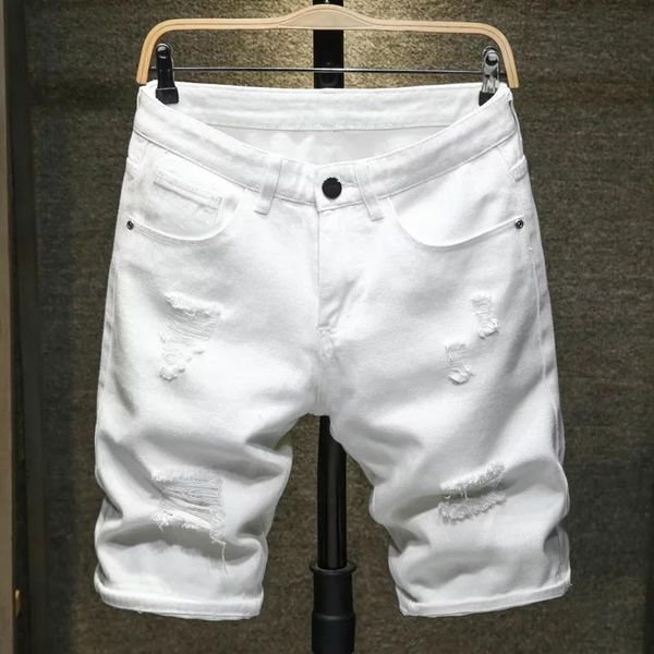 

2020 summer new fashion casual slim fit ripped retro short white jeans male, Blue