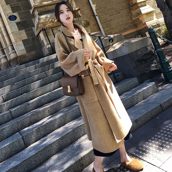 

women winter elegant bandage wool blend women fashion long cardigan coats woolen overcoat oversize outwear wholesale oem lj201106, Black