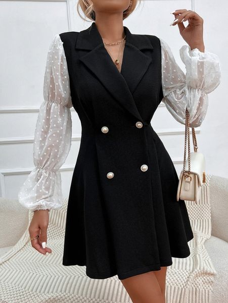 

double breasted swiss dot gathered sleeve blazer dress 38r9#, White;black