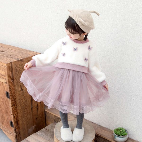 

korean winter autumn girls' three and dimensional butterfly sweater fake two piece drs children's wear 8s0w, Red;yellow