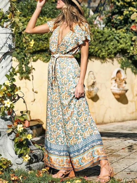 

vintage chic women boho bodysuits floral print lace-up elestic waist short sleeve v-neck bohemian rayon playsuits jumpsuit1, Black;white