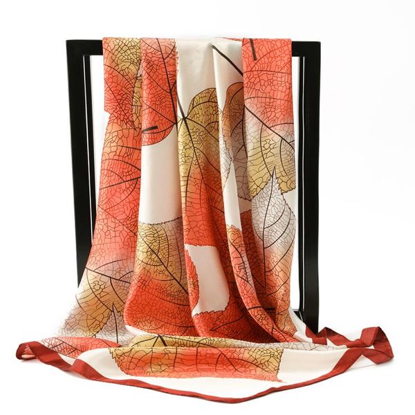 

scarves silk women leaf print foulard satin square head hijab scarf ladies shawls 90cm bandana female muffler, Blue;gray