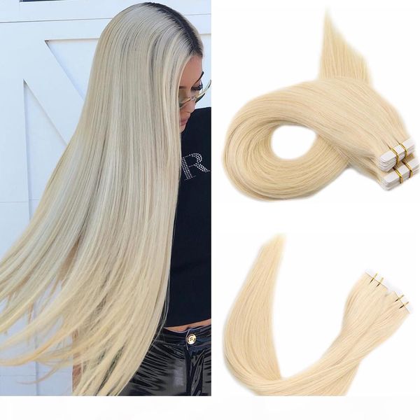 

100g 40pcs silk straight tape in human hair extensions 14 16 18 20 22 24 613#russian blonde color, Black