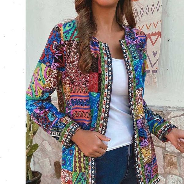

autumn women chaqueta vintage ethnic style floral print long sleeve plus size cotton jacket coat 2021 popular femme veste f, Black;brown