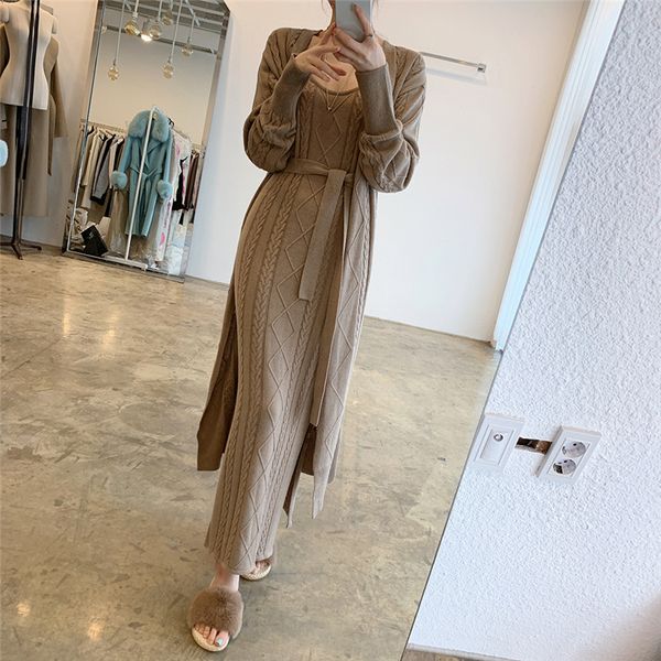 

2021 new korean 2 female ensemble chic autumn pattern long cardigan sling dress elegant ladies'suits mesh two sets u3vv, Gray