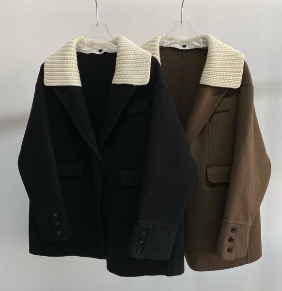 

2021 new ladies fashion long sleeve knit lapel double side wool coat 1130, Tan;black