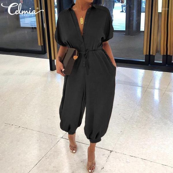 

celmia women vintage jumpsuits 2020 summer short sleeve rompers casual loose buttons cargo pants plus size overalls playsuits 71, Black;white