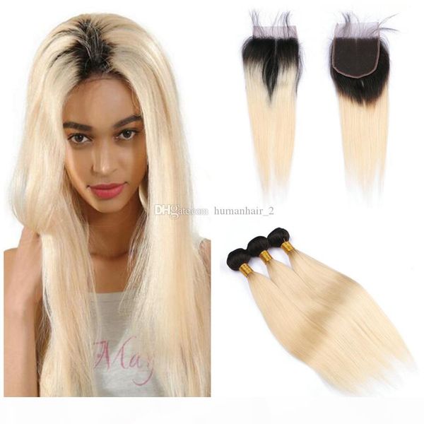 

9a grade brazilian blonde ombre human hair 3bundles with closure #1b 613 blonde two tone ombre weaves with silky straight 4x4 lace closure, Black;brown