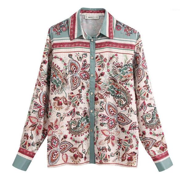 

2020 spring women's new fashion temperament wild thin section lapel long-sleeved drapery retro loose printed shirt1, White