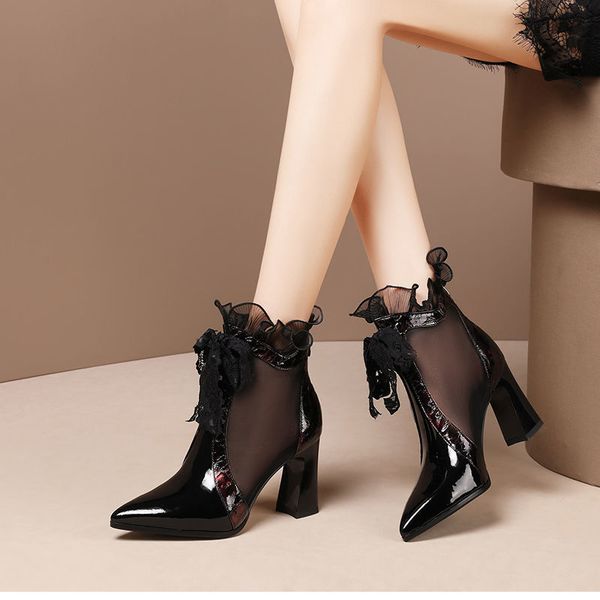 

mesh sandals boots woman 2020 high heels ankle summer boots pointed toe lace shoes for female blue wine-red c0202, Black