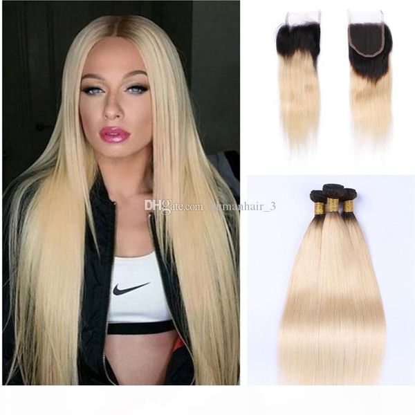 

ombre lace closure with bundles 1b 613 blonde human hair bundles with 4*4 lace closure platinum blonde brazilian virgin hair 4pcs lot, Black;brown