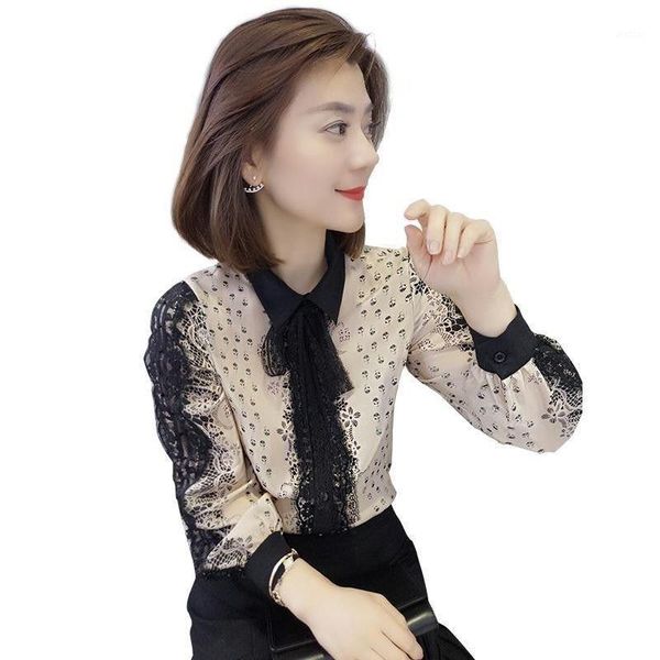 

new women's spring autumn style chiffon shirts fashion elegant lace long sleeve blouses bow o-neck casual df32681, White