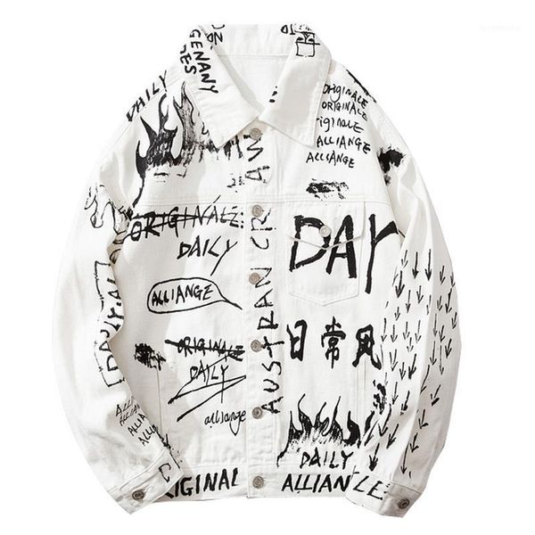 

sokotoo men's letters pattern printed white jean jacket streetwear trendy loose denim coat outerwear1, Black;brown