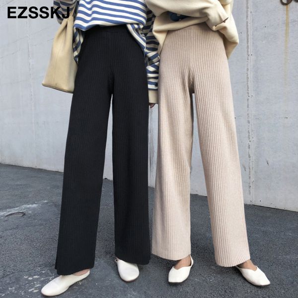 

2020 autumn winter new casual straight pants women female drawstring loose high waist knitted wide leg pants casual trousers c1111, Black;white