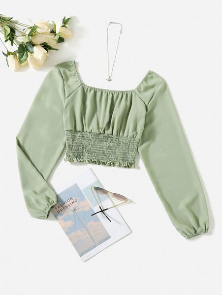 

solid ruched bust scoop neck shirred blouse k7oe#, White