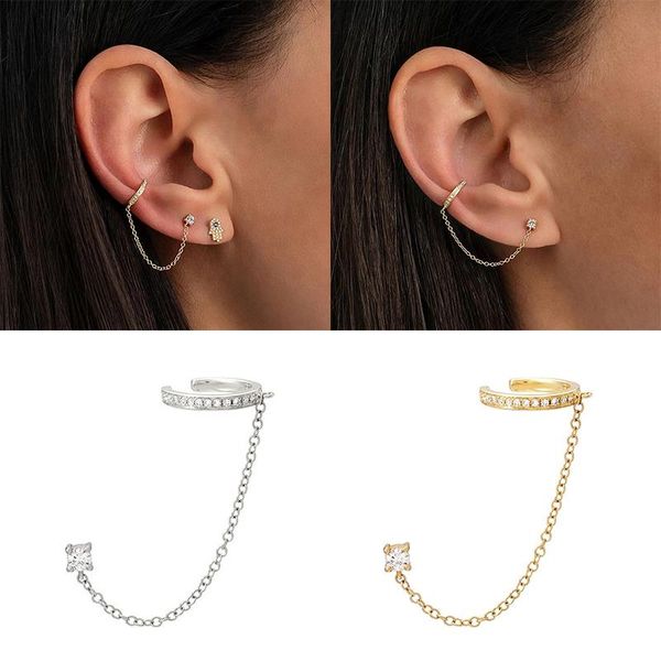 

stud bokoa 2021 luxury elegant 925 sterling silver smooth tassel thread terms without holes ear clip for lady party zircon earrings, Golden;silver