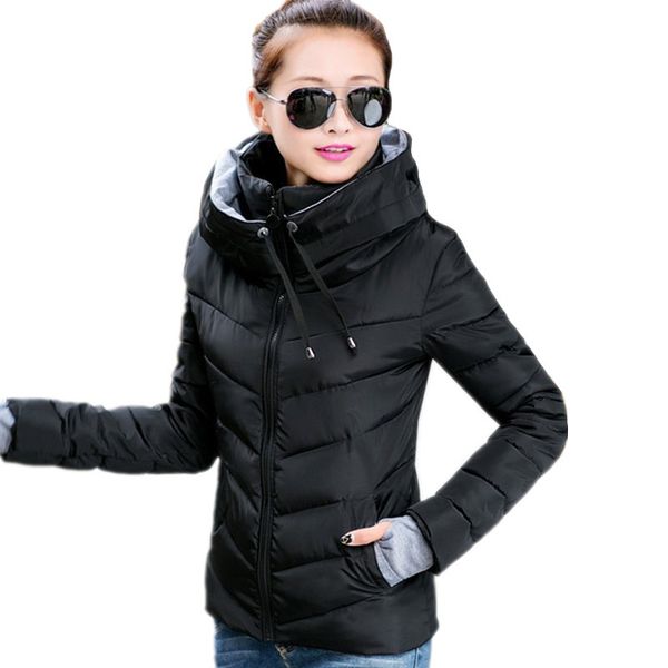 

causal ladies solid padded jacket short autumn winter wadded jacket women hooded coats female parkas with gloves overcoat 1014, Black
