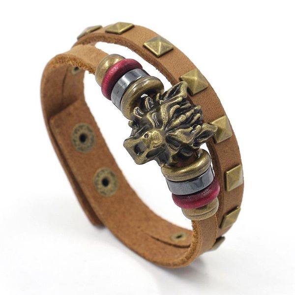 

charm bracelets men's retro wolf head leather bracelet multilayer willow nails, punk fashion casual gift 2021, Golden;silver