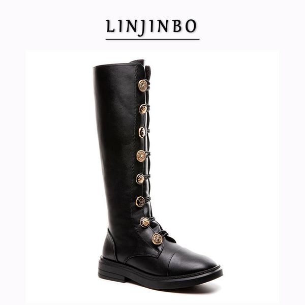 

boots autumn/winter flats knee high women metal badge button long female retro style shoes 2021 big size 34-43, Black