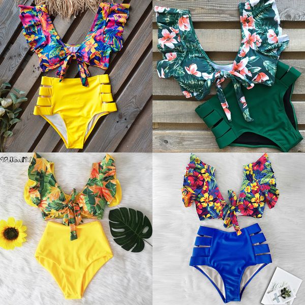 

2020 print swimwear women high waist bikini ruffle swimsuit push up bikinis set bathing suit beach wear summer biquini female q0105, White;black