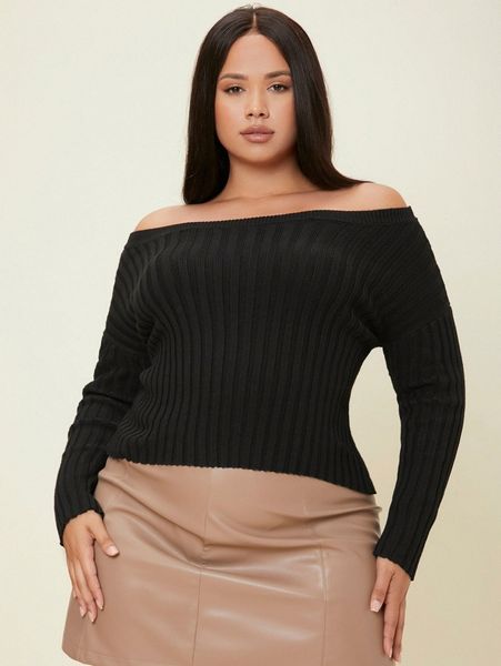 

plus off shoulder rib knit sweater k5no#, Black