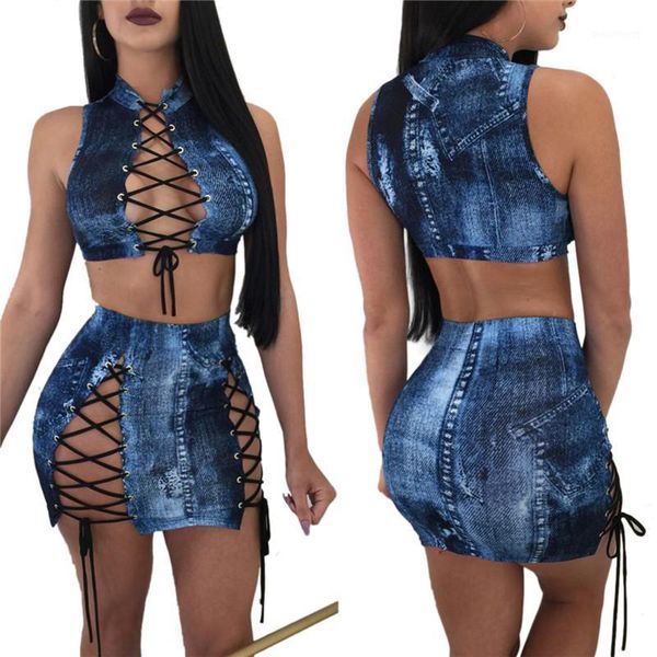 

new 2020 women bandage summer hollow clothes sets halter crop +bandage mini skirts 2 piece summer party club wear1, White
