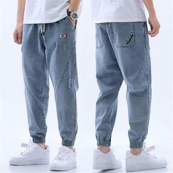 

men's jeans 2021 loose harem pants autumn washed denim street style elastic waist comfort long pantalon sarouel homme, Blue