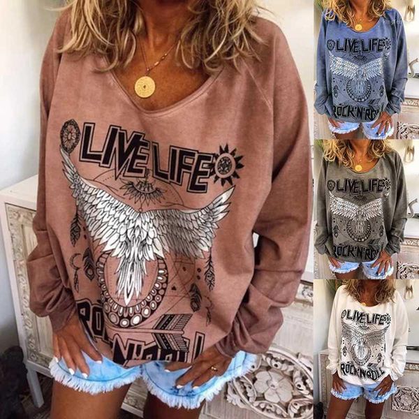 

style american women's loose round neck print hoodie1, Black