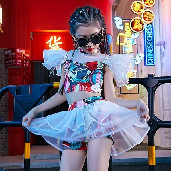 

kids jazz performance dance costume crop gauze skirt pant street wear catwalk stage outfit hip hop girls clothes summer 43141, Black;red