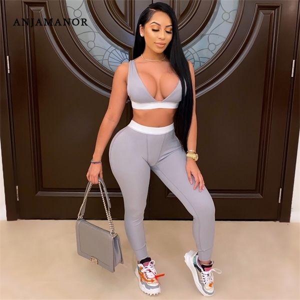 

anjamanor sweatsuits for women comfy lounge wear rib knit v neck crop and leggings two piece set tracksuits d16-ce29 c0122, Gray