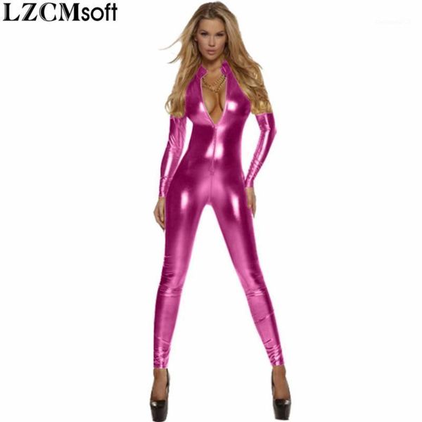 Catsuit Kostümleri LZCMSOFT Kadınlar Tam Vücut Unitard Siyah Bodysuit Uzun Kollu Likra Altın Ön Zip Balıkçı Yaka Metalik Zentai Bodysuits1