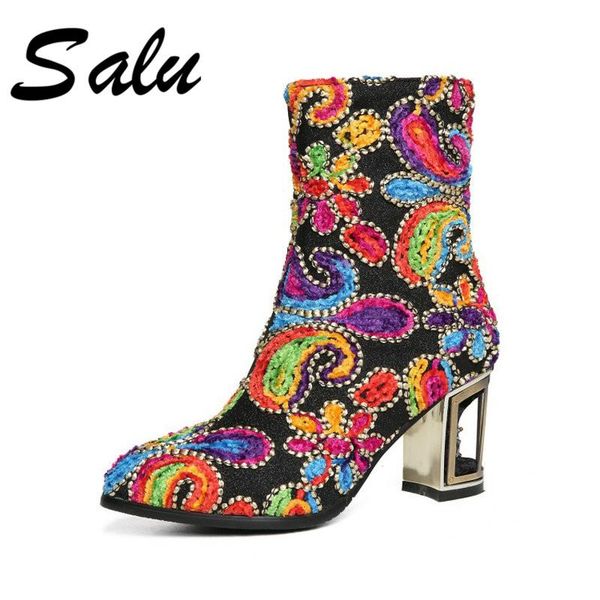 

salu 2021 new women round toe zip genuine leather boots thick high heels ankle boots fashion autumn winter big size 9 12, Black