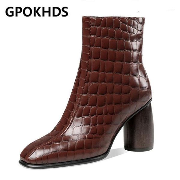 

boots gpokhds 2021 women soft ankle cow leather zippers winter short plush square toe high heels women1, Black