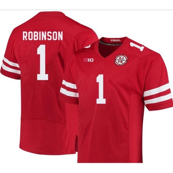 

new red nebraska cornhuskers #1 wandale robinson white real full embroidery college jersey size s-4xl or custom any name or number jersey, Black